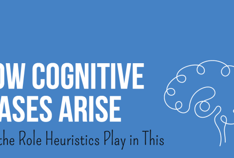 Text on image: How cognitive biases arise and the role heuristics play in them. Illustration of a brain.