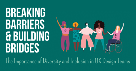 Text: Breaking barriers and building bridges. The importance of diversity and inclusion in UX design teams. Illustration: Women with different skin colour, one in a wheelchair