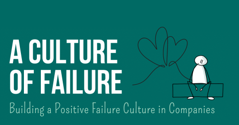 Text on image: A Culture of Failure - Building a Positive Failure Culture in Companies. Illustration: a stick figure sitting with their head down. Next to it a line art of two intertwined hearts.