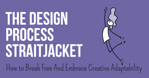 Text on image: the design process straightjacket – how to break free and embrace creative adaptability. Illustration of a person with long hair, stretched out, jumping in the air but on their way down, so that their hair flows above