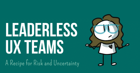 Operating Without a UX Team Leader. Text on image: Leaderless UX teams - a recipe for risk and uncertainty. Illustration: stick figure mime shrugging